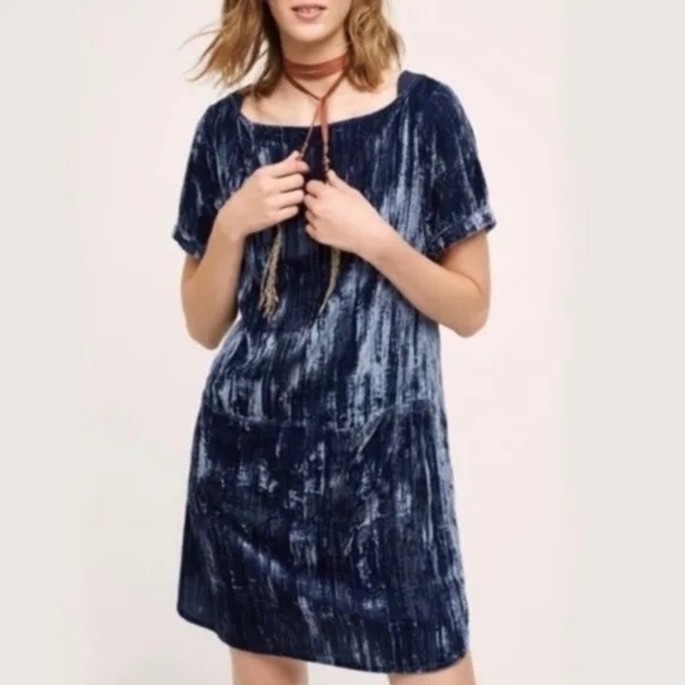 Anthro’s floreat blue crinkled velvet shift dress